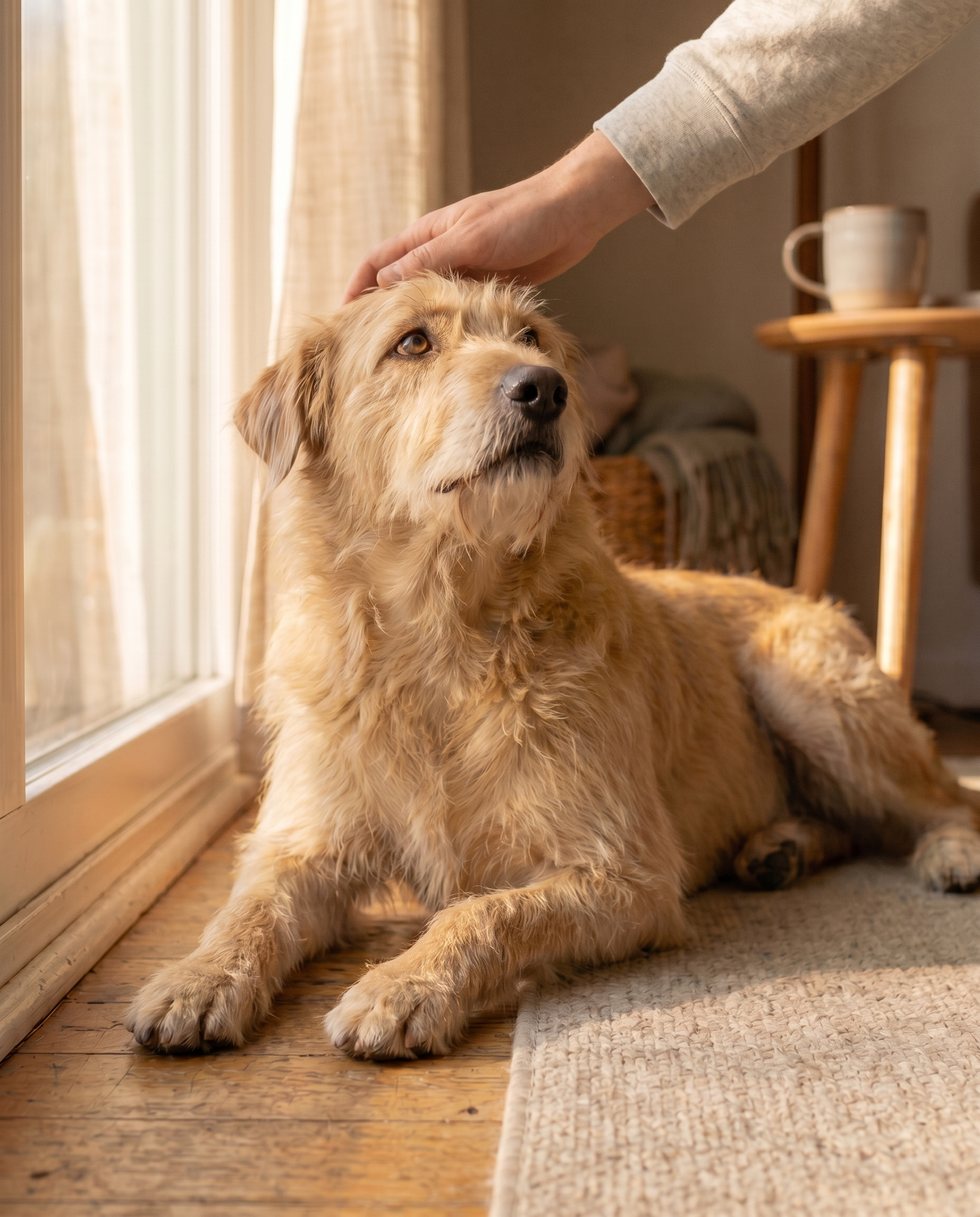 Calm, alert dog being gently petted by its owner in warm window light