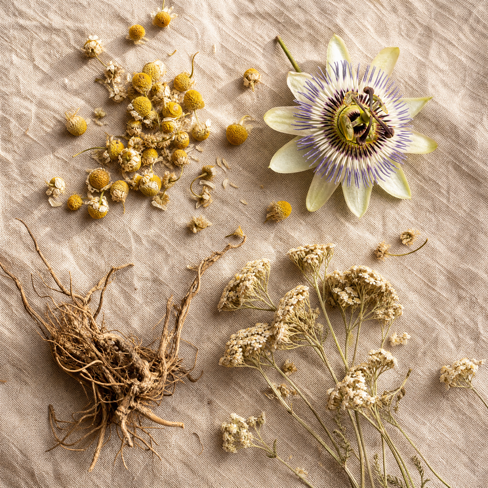 Flat-lay of calming botanicals — chamomile, passionflower, valerian root and yarrow on linen
