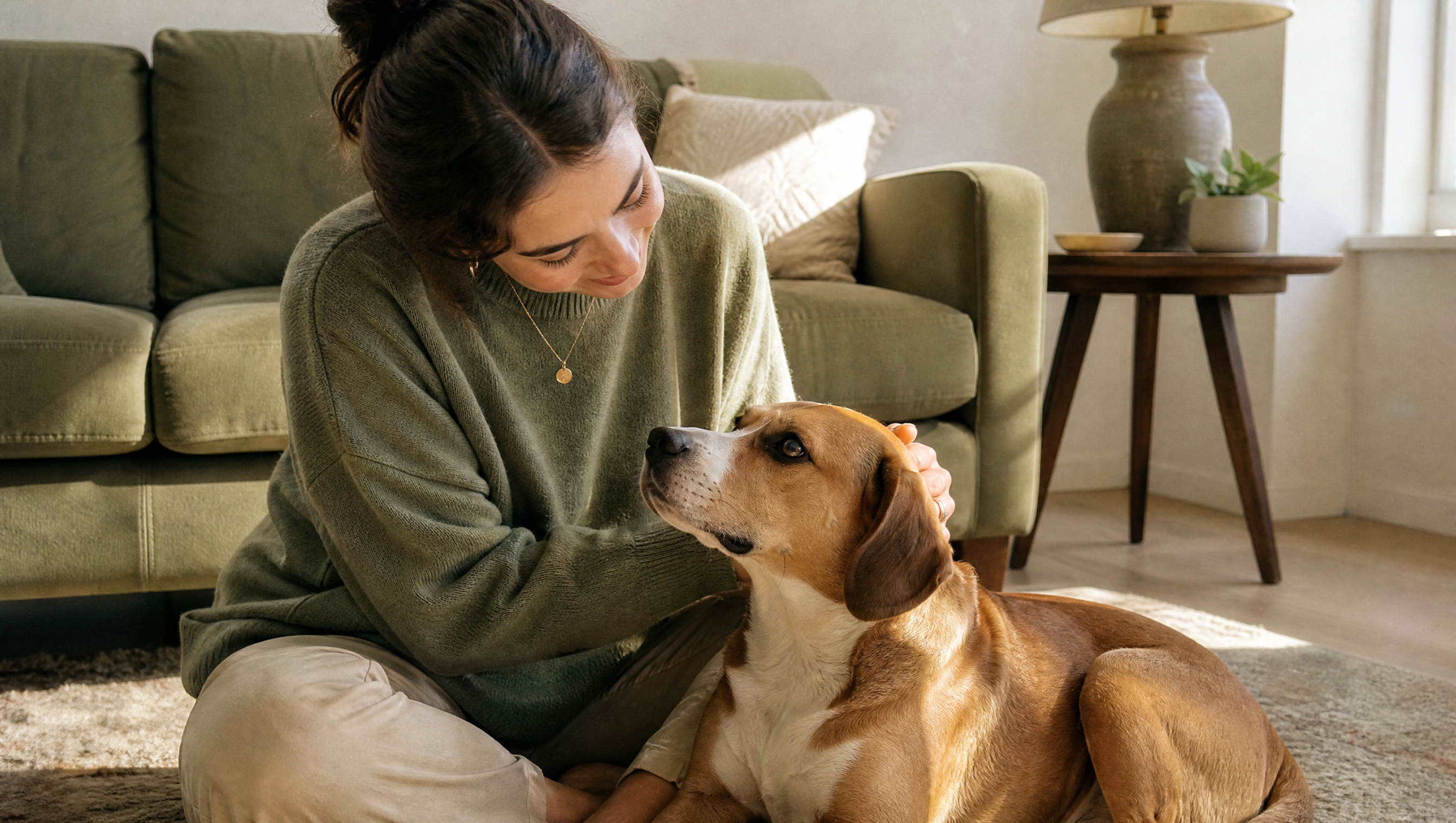 Calm, alert dog gazing up at its owner on the living-room floor
